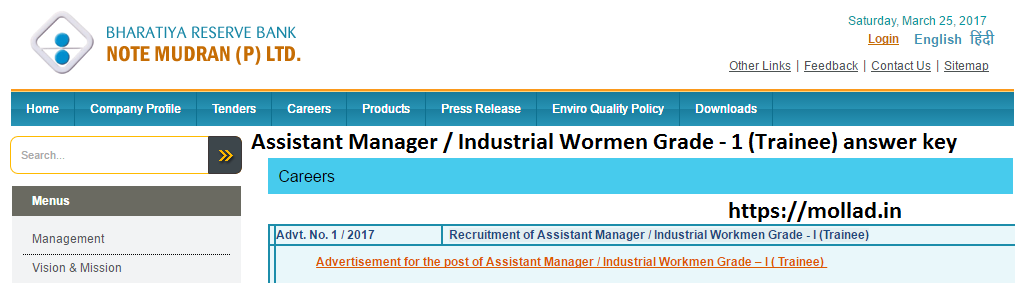 BRBNMPL Asstt Manager / Industrial Workmen answer key