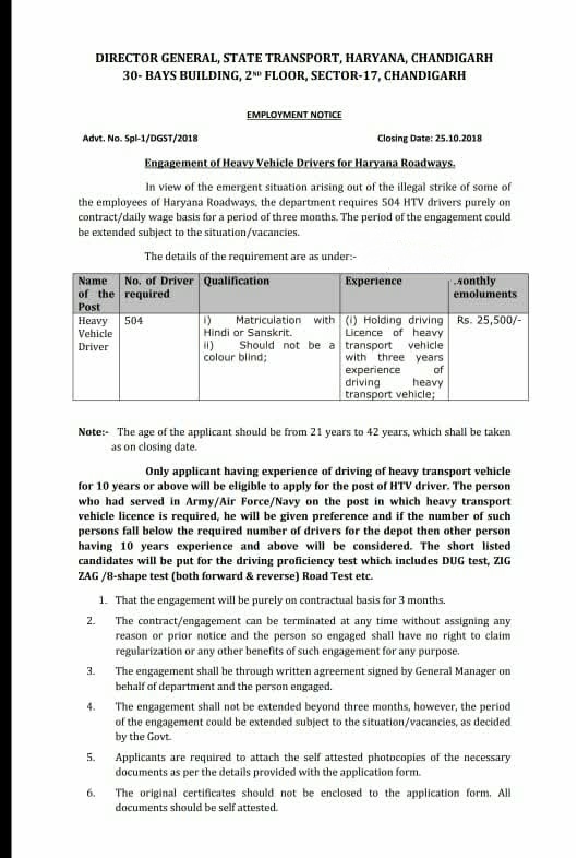 Haryana Roadways Drivers Recruitment